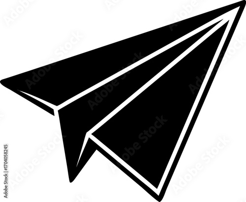 Simple black paper airplane icon, a minimalist vector graphic. Origami flight symbol for travel, communication, and message concepts. Ai eps file