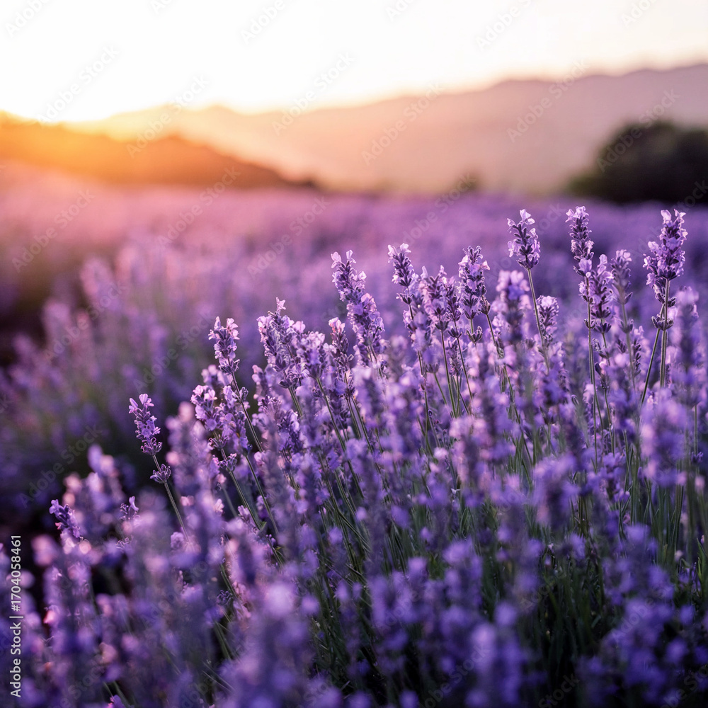 Obraz premium Lavender field blooming under sunset light