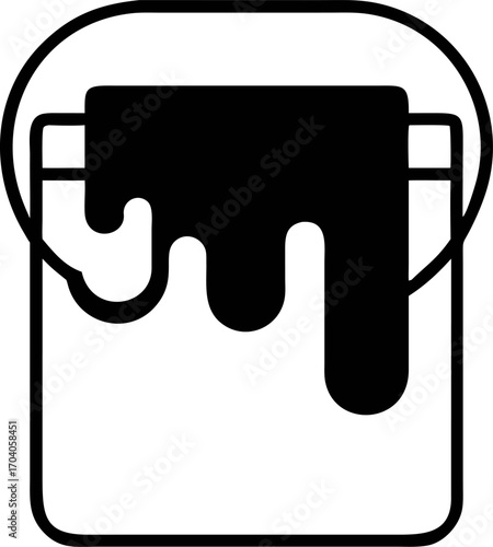 Monochrome vector icon of a paint can with dripping liquid. Simple black line art illustration of a bucket for home improvement or creative design