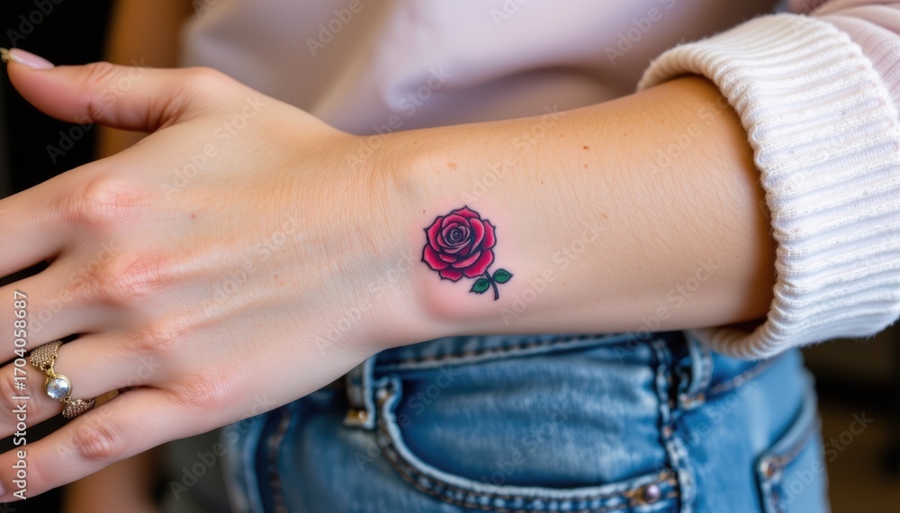 Naklejka premium Small rose tattoo on wrist urban setting body art close-up personal expression