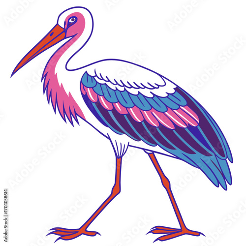 Stylized stork with pink and blue feathers