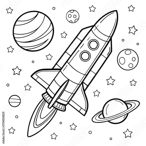Cartoon-style space rocket with planets