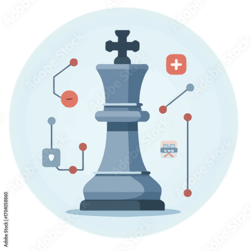 Strategy (2).ai Vector Icon: Chess King Piece with Abstract Data Lines Symbolizing Business Strategy, Planning, and Artificial Intelligence
