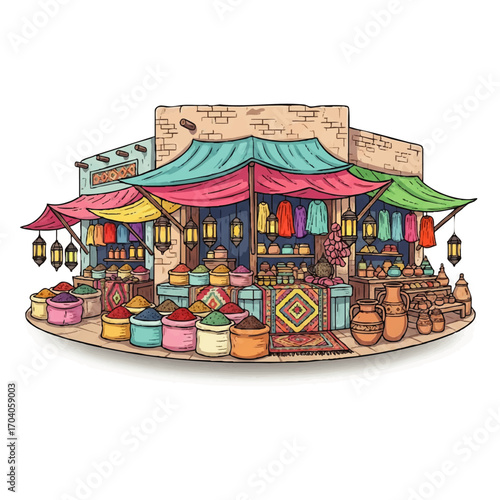Vibrant illustration of a traditional bazaar stall with colorful spices, textiles, pottery, and lanterns under fabric awnings.