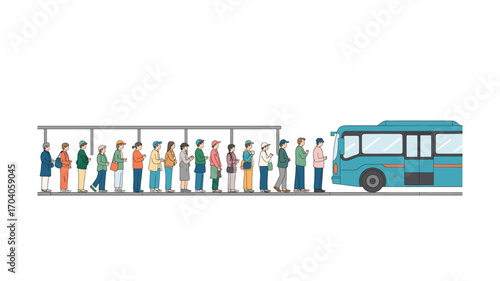 Passengers Wait in Line for a Blue Bus at a Bus Stop, Illustrating Public Transport and Urban Commuting in Colorful Cartoon Style