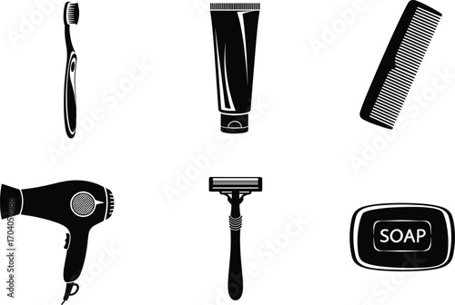 Personal hygiene icon set featuring toothbrush, toothpaste tube, comb, razor, soap dish, and hairdryer for grooming design and merch