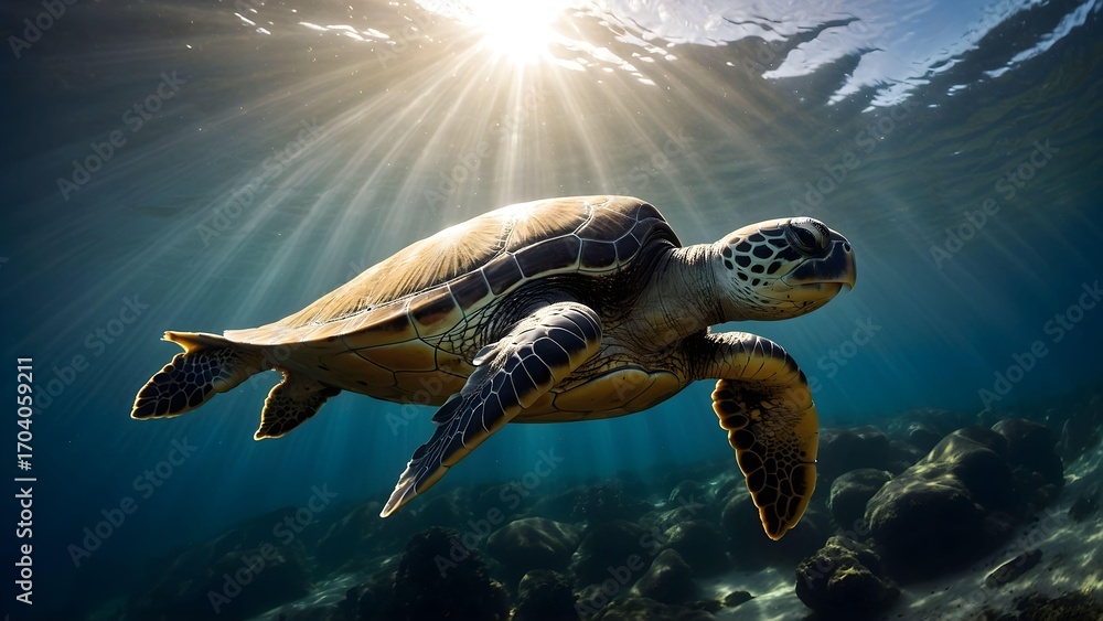 Obraz premium AI generated turtle silhouette gliding through ocean sunlight beams