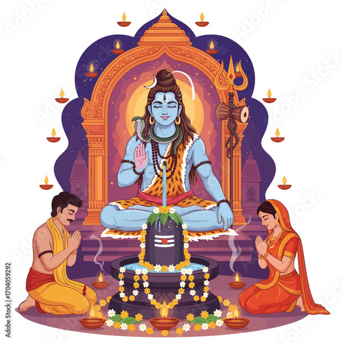 Maha Shivaratri Hindu Festival with Lord Shiva and Devotees Worshipping Shiva Lingam Vector Illustration
