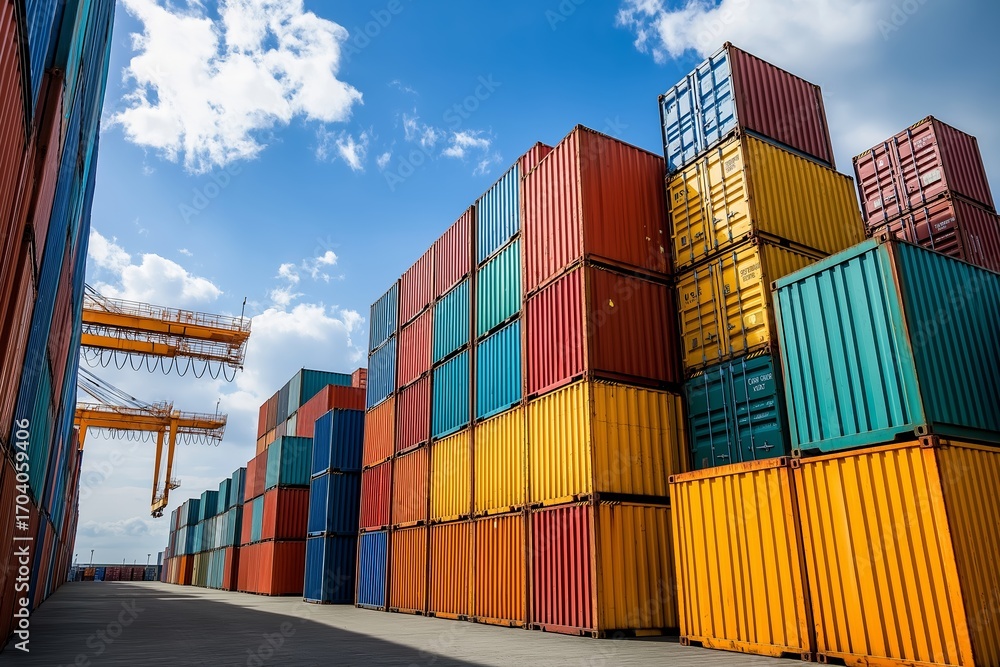 Fototapeta premium Colorful shipping containers stacked in a busy port during a sunny day