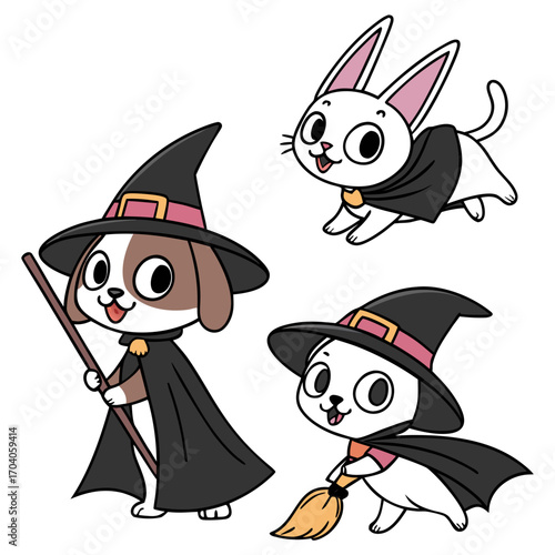 Kawaii Halloween Animal Costumes Cats, dogs, rabbits dressed as witches & vampires