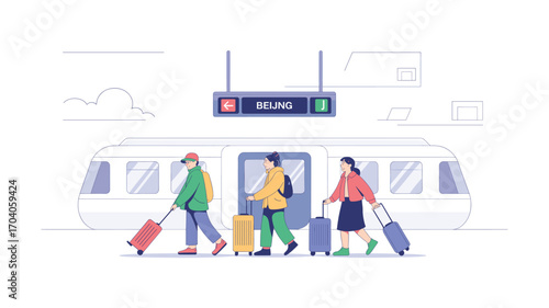Travelers Arriving in Beijing by Train: Modern Illustration of People with Luggage at a Station Platform, Ready for New Adventures.