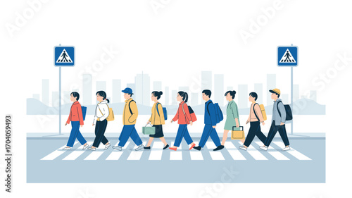 People Crossing Street on Zebra Crossing with Cityscape Background, Demonstrating Pedestrian Safety and Urban Scene, Illustrative Flat Vector Style