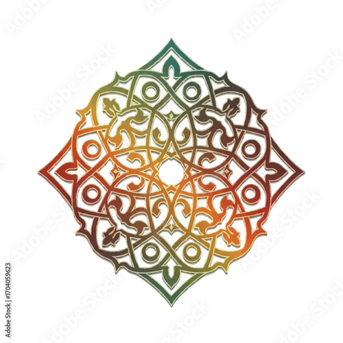 Intricate Islamic arabesque mandala with a colorful gradient and subtle 3D effect.