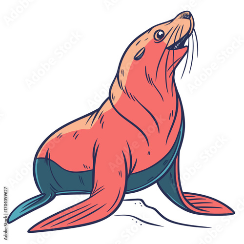 Cute cartoon sea lion sitting and looking up