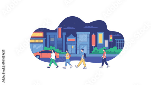 Cityscape at Night with Pedestrians: Urban Life Illustration of People Walking on the Street with Buildings, Car, Traffic Lights, and Stars Backdrop