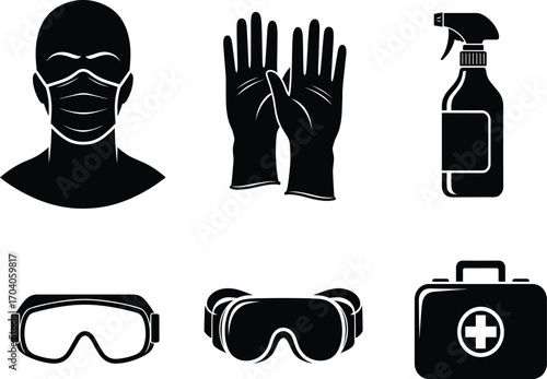 PPE icon set, face mask, gloves, spray bottle, goggles, safety glasses, first aid kit, vector hygiene and protection concept design