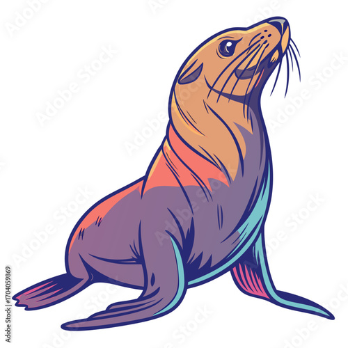 Colorful sea lion illustration with gradient colors, isolated on white
