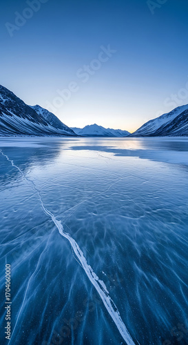 A breathtaking view of a frozen lake surrounded by snowcovered mountains under a clear blue sky at dusk, showcasing the intricate patterns and textures of the ice surface with a prominent crack runnin