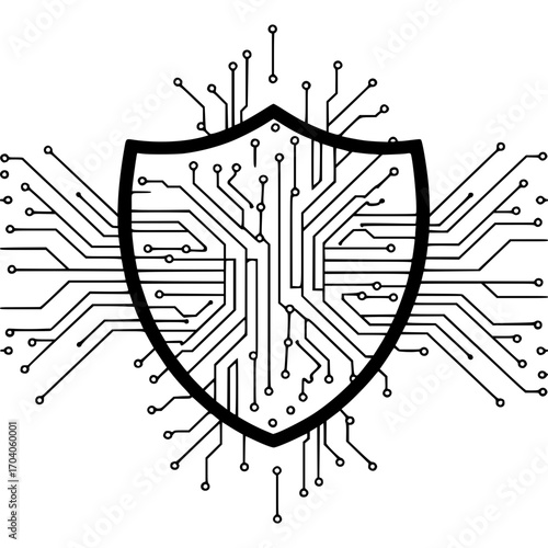 Secure digital shield with intricate circuit board pathways symbolizing technology and protection
