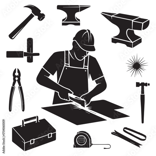 Blacksmith silhouette working with metal sheets surrounded by traditional tools and anvils in a workshop setting