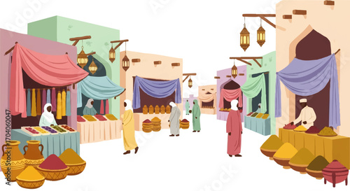 Vibrant Middle Eastern Market Scene with Merchants and Spices