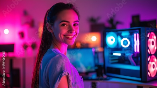 A young woman stands in a vibrant gaming room filled with neon lights and advanced computer gear