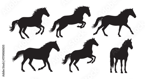 Collection of horse silhouettes. A black silhouette of a galloping, jumping, running, trotting, and rearing horse against a white background. Side view.