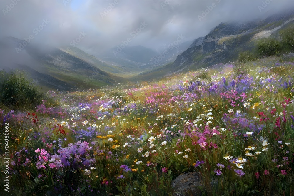 Fototapeta premium Colorful wildflowers bloom in a misty mountain meadow.