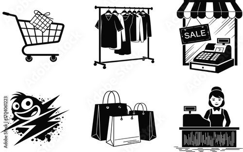 Shopping icon set, gift cart, clothing rack, storefront, shopping bags, cashier counter, retail excitement, vector consumer and store concept design