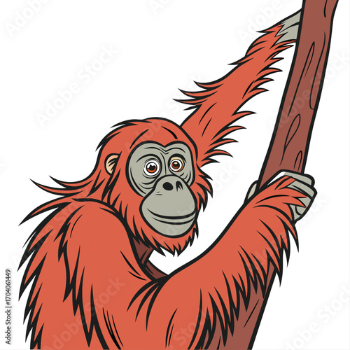 Cartoon orangutan hanging on a tree branch