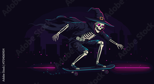 Skeleton skateboarder wearing witch hat in neon cityscape  
