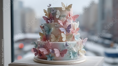 A soft and elegant pastel-colored wedding cake adorned with sugar butterflies, creating a light and airy vibe for the wedding day