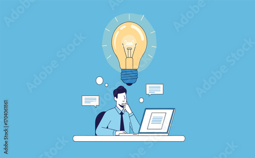 Thoughtful Man with Light Bulb Concept Above Laptop Design