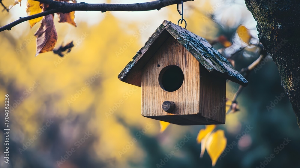 Naklejka premium A charming rustic wooden birdhouse suspended from a tree branch, beautifully nestled among golden and orange autumn leaves, creating a peaceful sanctuary in nature's serene embrace