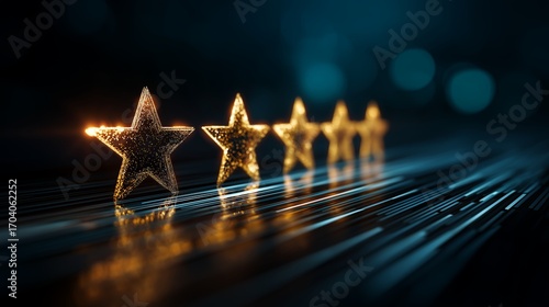 Five Golden Stars on Circuit Pattern Surface Representing Futuristic Rating Systems and Quality Assessment Concepts in Digital Product Evaluation