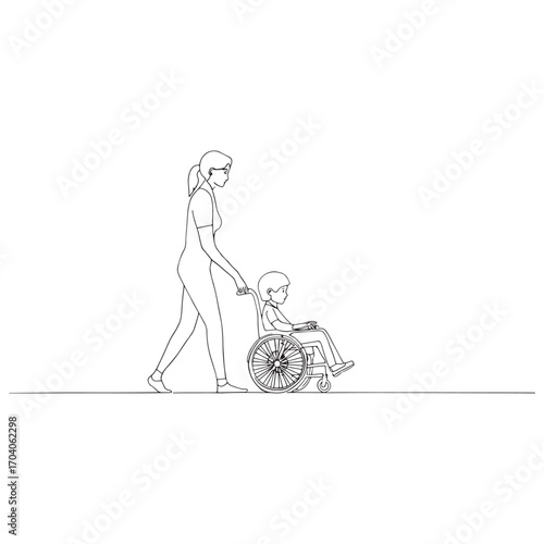 A person pushing a lawnmower across a grassy area in a simple line drawing