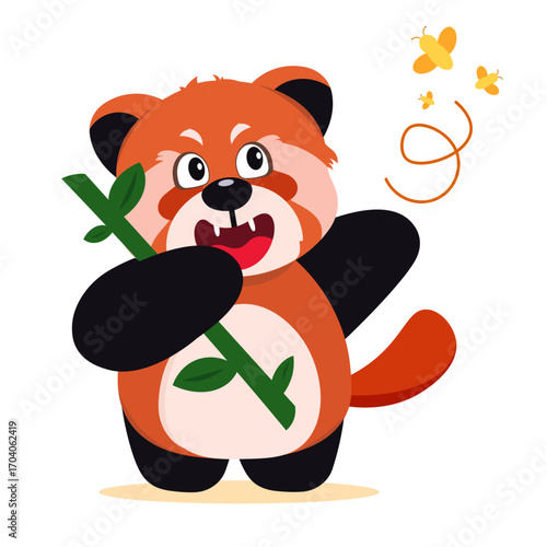 Cute red panda holding bamboo with a little yellow butterfly flying around