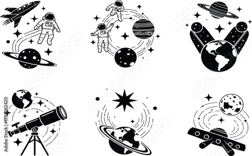 Space exploration icon set, astronaut, rocket, telescope, planets, satellites, moon, observatory, vector astronomy and science concept design