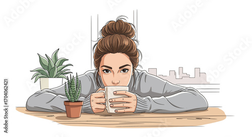Young woman with a messy bun enjoying a quiet moment with a cup of coffee or tea, sitting at a wooden desk by the window with houseplants