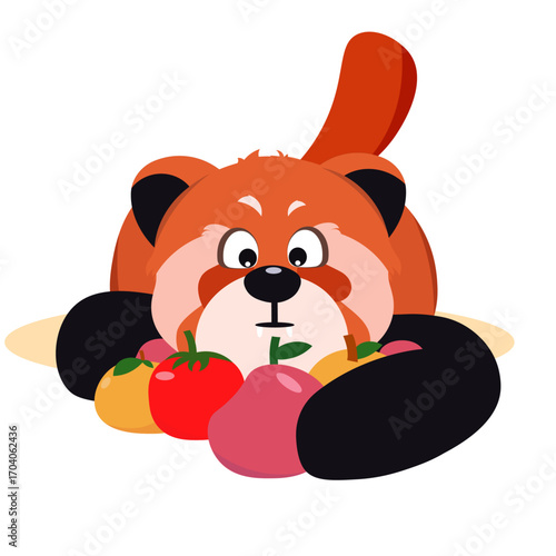 Artboard Adorable red panda hugging fruits with a happy face