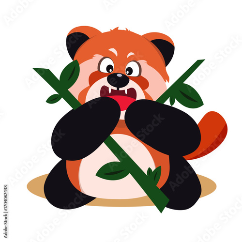 Funny red panda eating bamboo in cartoon style