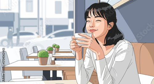 A beautiful young woman finds a moment of peace and happiness while enjoying a warm cup of coffee in a bright, modern city cafe illustration