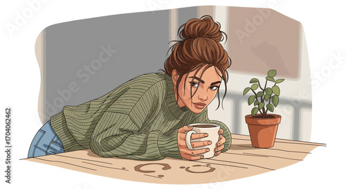 Illustration of a thoughtful young woman in a cozy green sweater enjoying a quiet moment with a cup of coffee at a wooden table