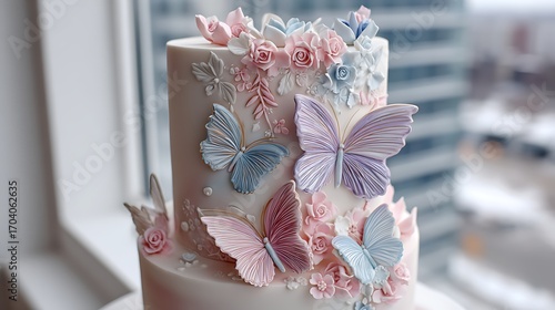 A soft and elegant pastel-colored wedding cake adorned with sugar butterflies, creating a light and airy vibe for the wedding day