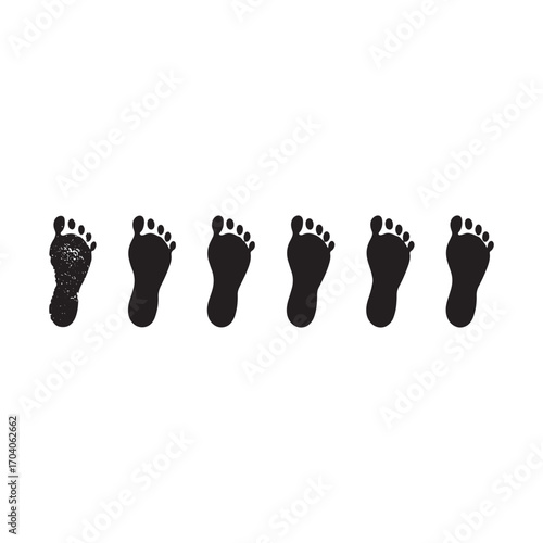 A series of black footprints marching forward on a white background