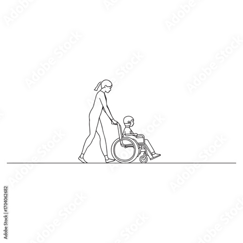 A person pushing another person in a wheelchair depicted in a line drawing style