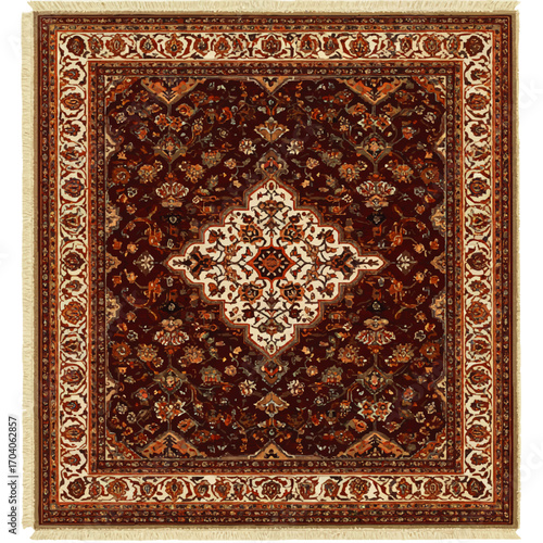 Intricate Maroon and Cream Oriental Rug with Floral and Geometric Medallion Design, Fringed Edges
