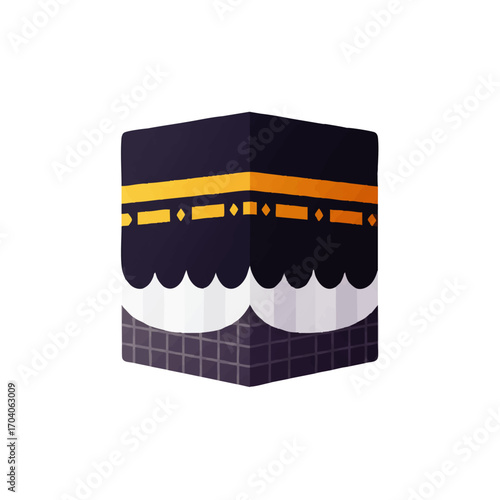 Islamic Kaaba Icon: Dark-Gray Cubic Structure with Gold Trim, Scalloped White Base