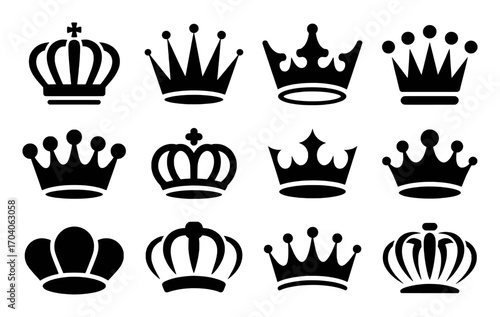 Collection of Black Silhouette Crown Icons on White Background