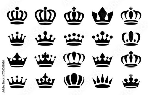 Collection of Black Silhouette Royal Crowns on White Background
